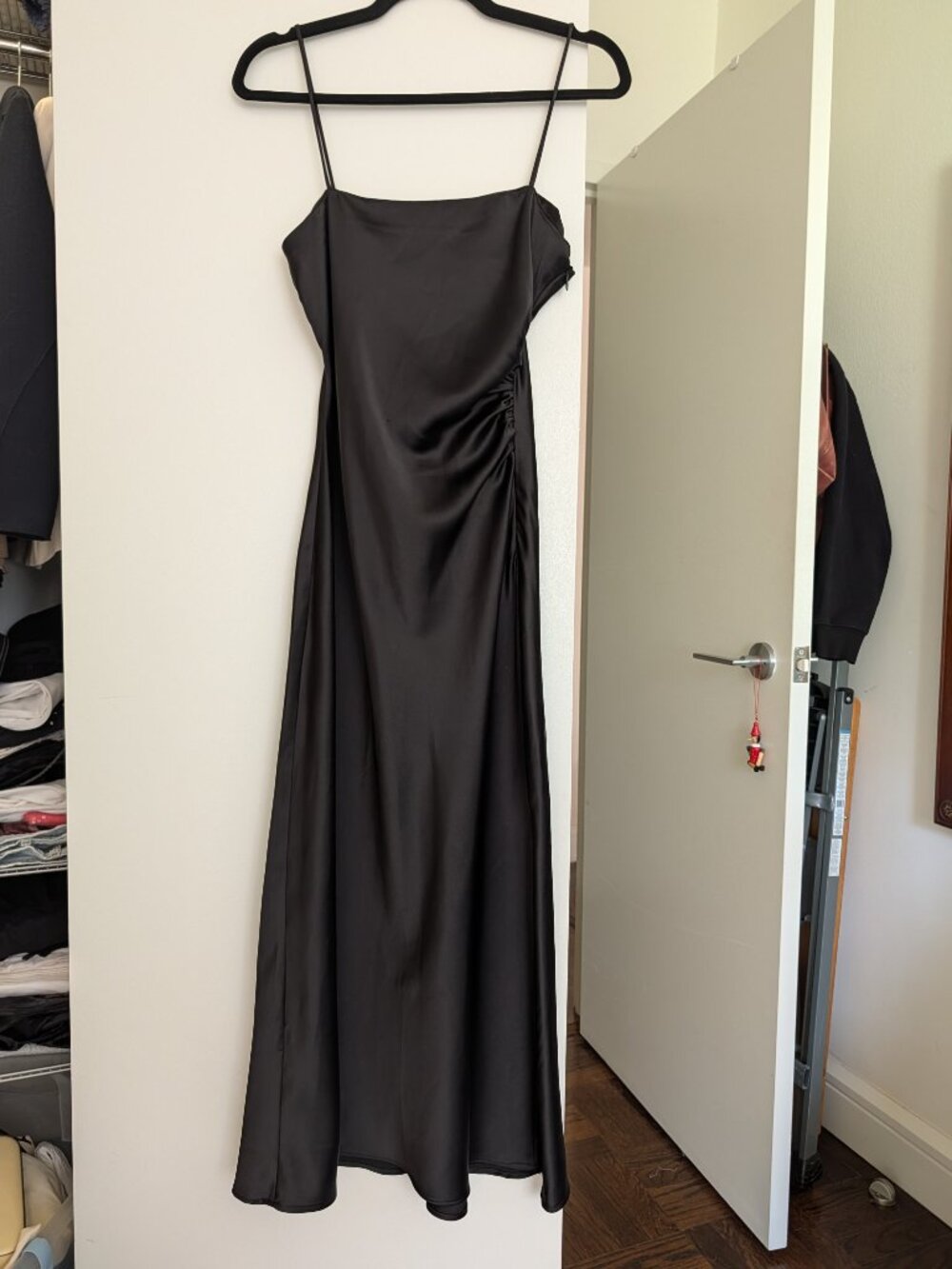 Zara Black Satin Slip Maxi Dress Ruched Side Slit Size S